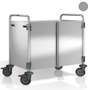 Chariot de service SW 10X6-2, dimensions 110 x 70 x 95 cm, acier inoxydable, 2 tables, dimensions 100 x 60 cm, panneaux latéraux et portes couleur Pantone RAL 7030, 4 roulettes (dont 2 avec frein) <span translate="no"><span translate="no">B.PRO</span></span>