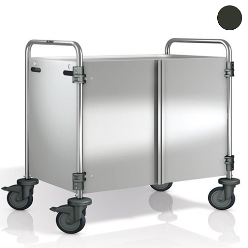 SW 10X6-2 Servierwagen, Abmessungen 110 x 70 x 95 cm, Edelstahl, 2 Tische, Abmessungen 100 x 60 cm, Seitenwände und Türen in Pantone RAL 9011, 4 Rollen (2 mit Bremse) B.PRO