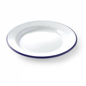 BORD EMAILLE DIAM. 20CM. KLEUR WIT MET BLAUWE RAND