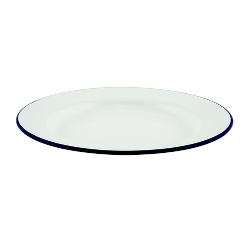 ASSIETTE ÉMAIL DIAM. 26CM. COULEUR BLANC AVEC BORD BLEU