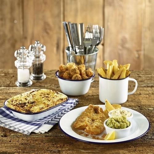 ASSIETTE ÉMAIL DIAM. 26CM. COULEUR BLANC AVEC BORD BLEU