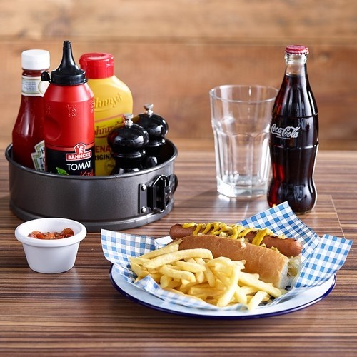 ASSIETTE ÉMAIL DIAM. 26CM. COULEUR BLANC AVEC BORD BLEU