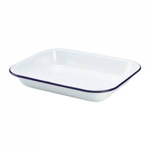 PLAT À FOUR DIMENSIONS RECTANGULAIRES. 31X25CM. COULEUR BLANC AVEC BORD BLEU