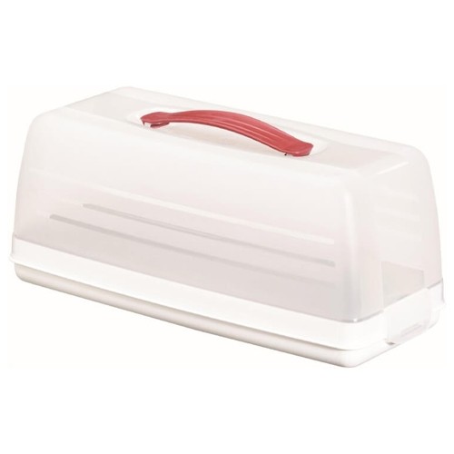 Boîte Cake Curver, dimensions : 15 x 35,5 x 14,2 cm, plastique blanc transparent.