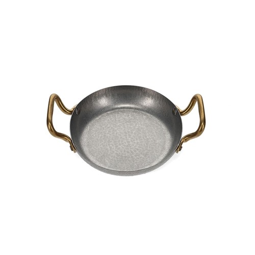 Plat de service diam. 18 cm, h. 3,5 cm, anse dorée, finition argent antique martelé. Service BonBistro