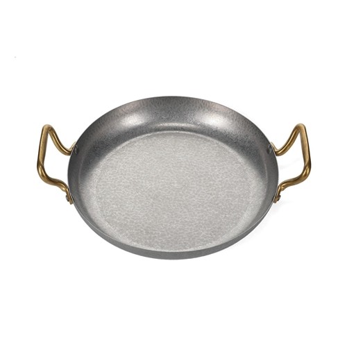Serving dish diam. 28cm. hgt. 5cm. with gold handle hammered antique silver Serve BonBistro