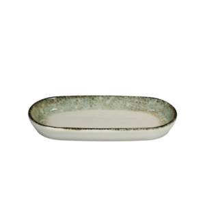 Assiette ovale de dimensions 17 x 9 x 2,2 cm. Vert rouille