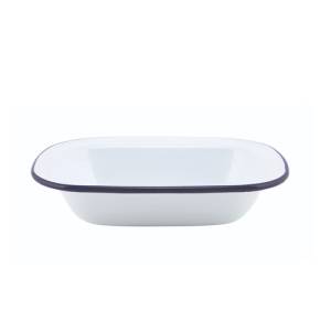 Emaille ovenschaal met blauwe rand afm. 20x15cm. hgt. 4,5cm.