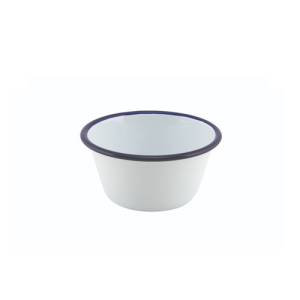 Emaille ovenschaal rond met blauwe rand diam. 12cm. hgt. 6cm.