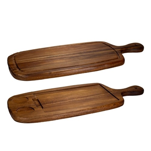 Plank acacia met 2 inlays en handvat afm. 50x23cm. hgt. 2cm.