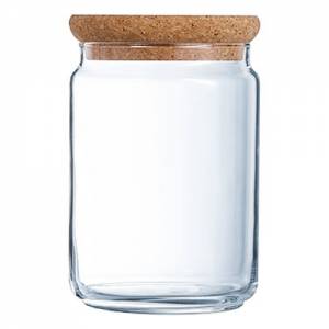 GLASS STORAGE JAR WITH CORK CONTENT. 1.0L. AFM. 10.5X10.5CM. HG. 14.5CM.