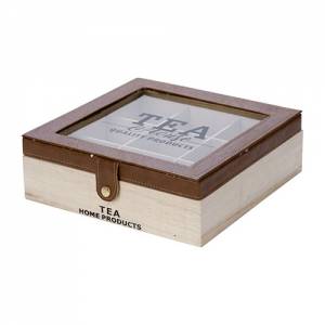 Theedoos 9-vaks afm. 26,5x15,5cm. leer en naturel hout met glasplaatje