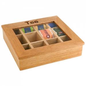 Theedoos 12-vaks afm. 31x28cm. met tee inscriptie licht hout