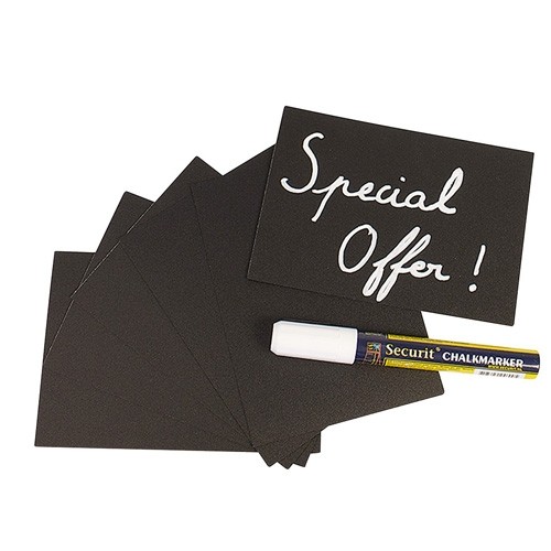 Presentatieset bestaande uit krijtbordjes a6, houders en krijtstift Securit