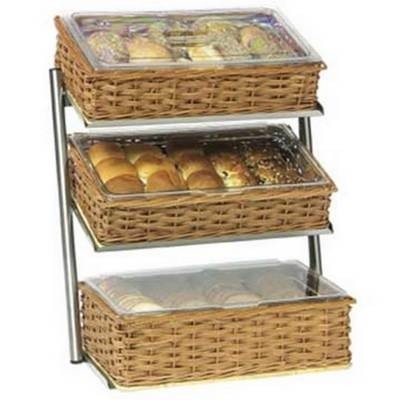 Buffetvitrine schuin model 3-plateaus (excl. bakken) afm. 62,5x31(h)65cm. rvs