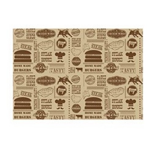 PAPIER GRAISSE AVEC IMPRESSION 'STEAKHOUSE' 35x25CM. P/1000 pièces.